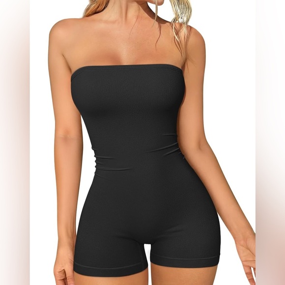 OQQ Womens Tube Rompers Summer Strapless Sleeveless Ruched Stretch Black Small - Picture 1 of 6